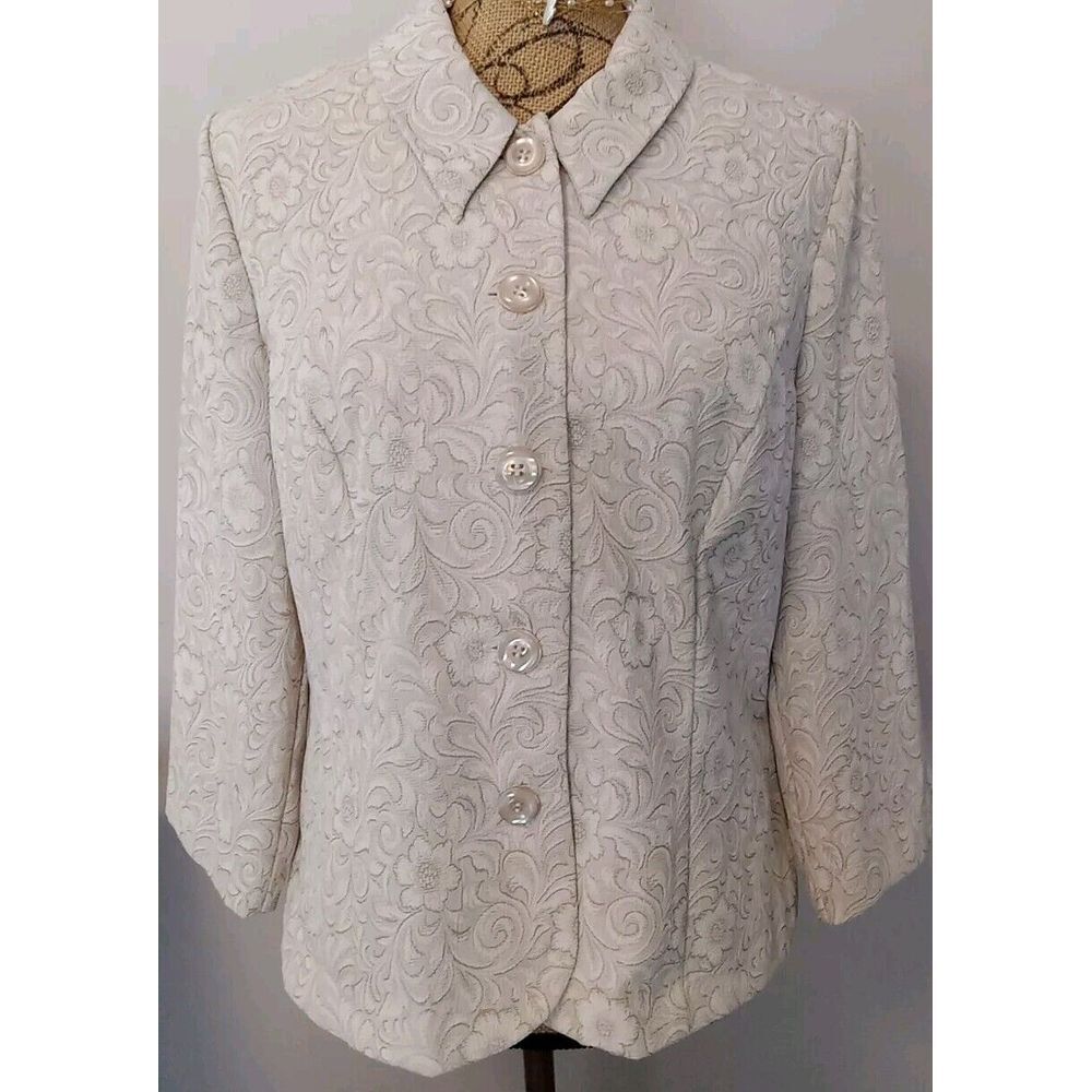 Miss Dorby Women Beige Floral Collared Button Down Blazer Size 14